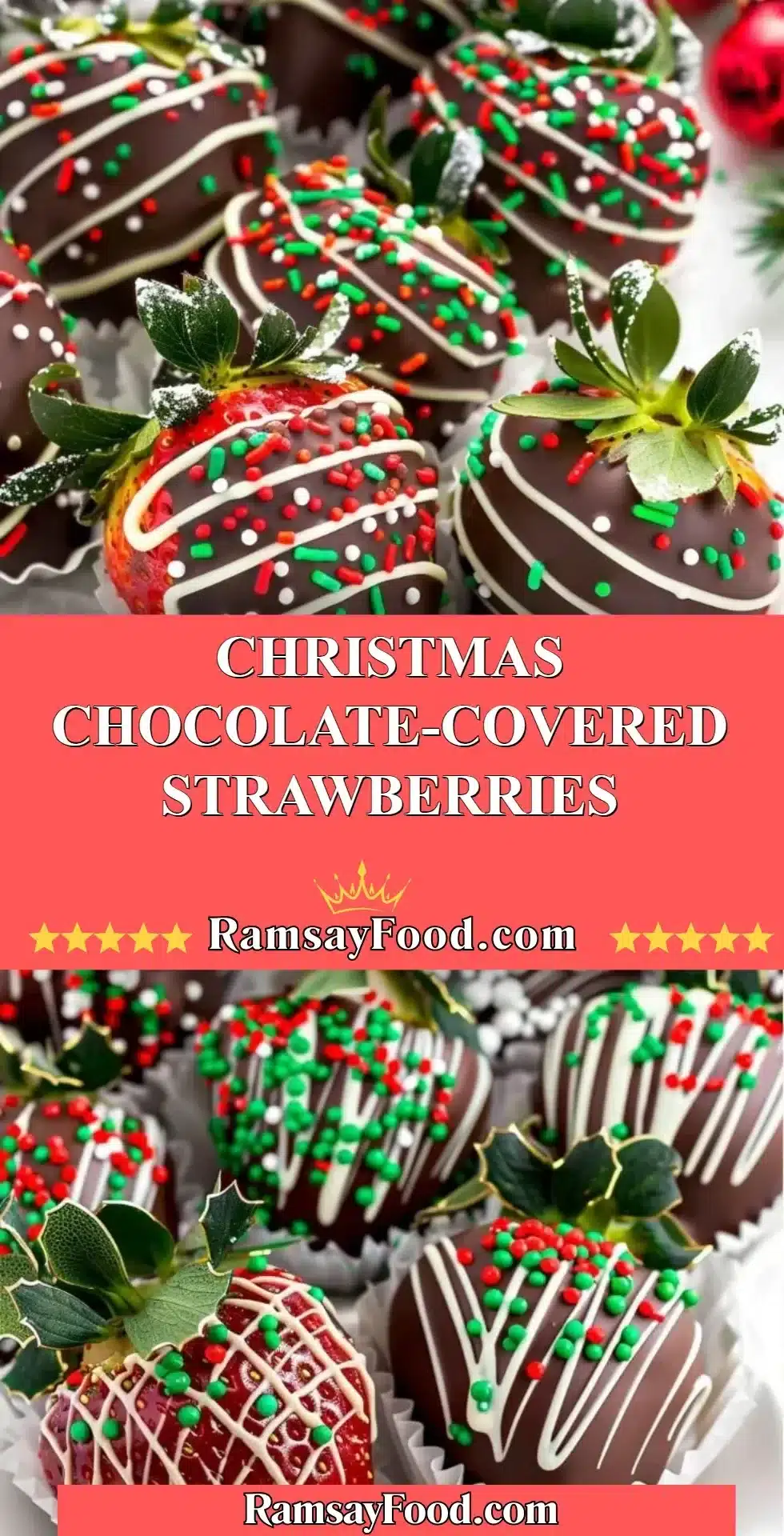 Christmas Chocolate-Covered Strawberries 2 Delicious Christmas chocolate-covered strawberries on a festive plate