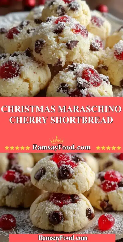 A plate of Christmas Maraschino Cherry Shortbread cookies decorated with cherries.