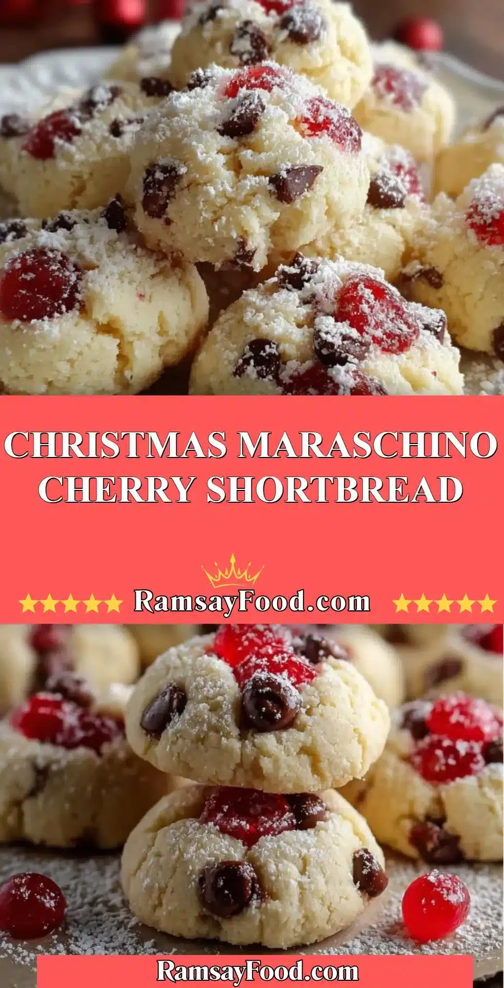 A plate of Christmas Maraschino Cherry Shortbread cookies decorated with cherries.