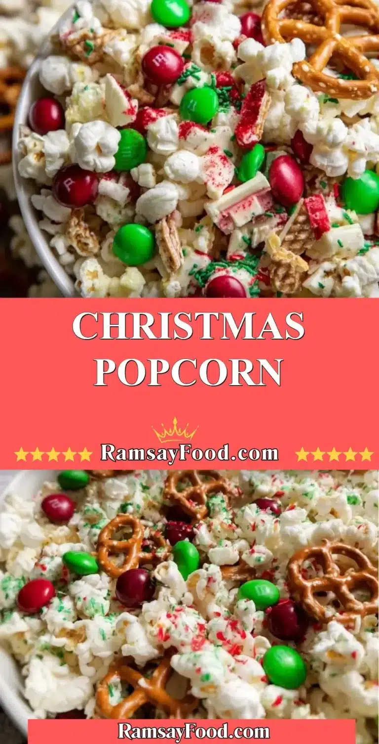 Christmas Popcorn 7 Festive Christmas Popcorn mix in a decorative bowl for holiday celebrations.