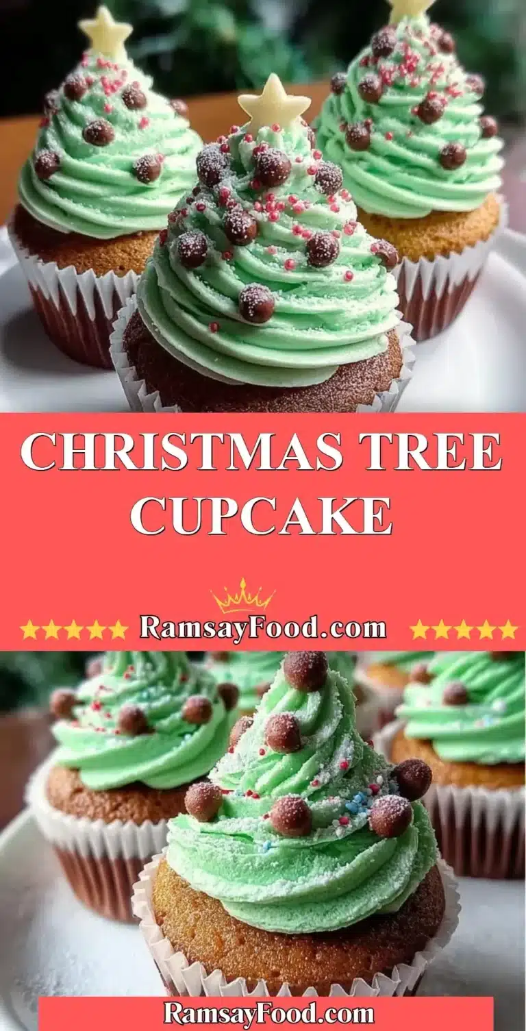 Festively decorated Christmas Tree Cupcake with green frosting and colorful ornaments.