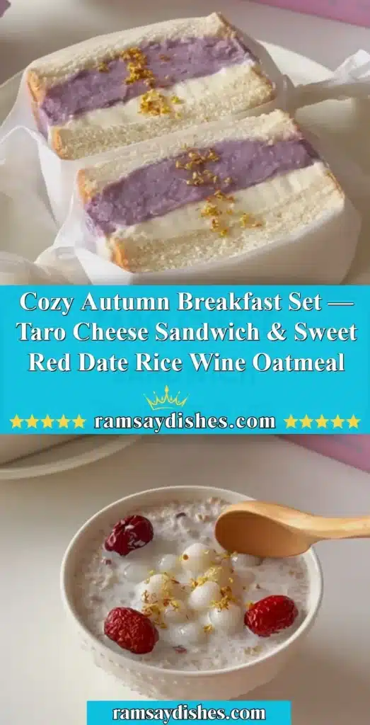 Taro Cheese Sandwich served with Sweet Red Date Rice Wine Oatmeal in a cozy autumn setting.