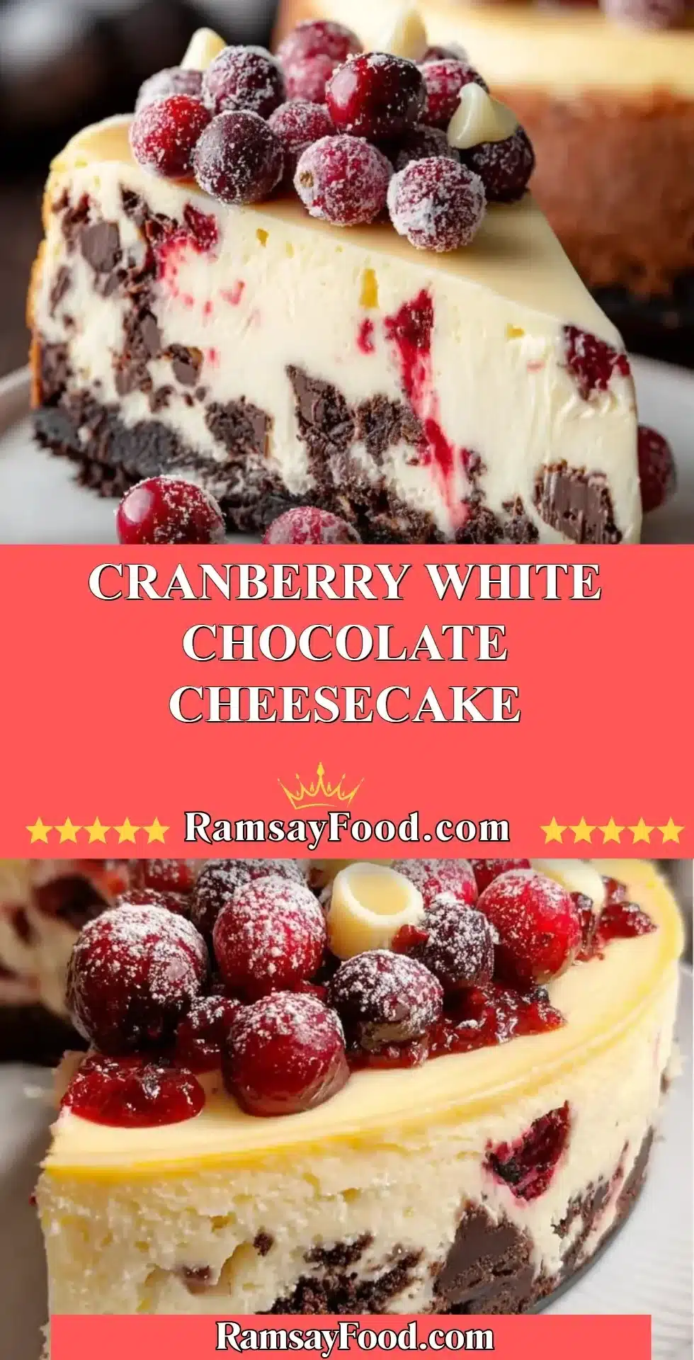 Slice of Cranberry White Chocolate Cheesecake topped with cranberries and white chocolate shavings