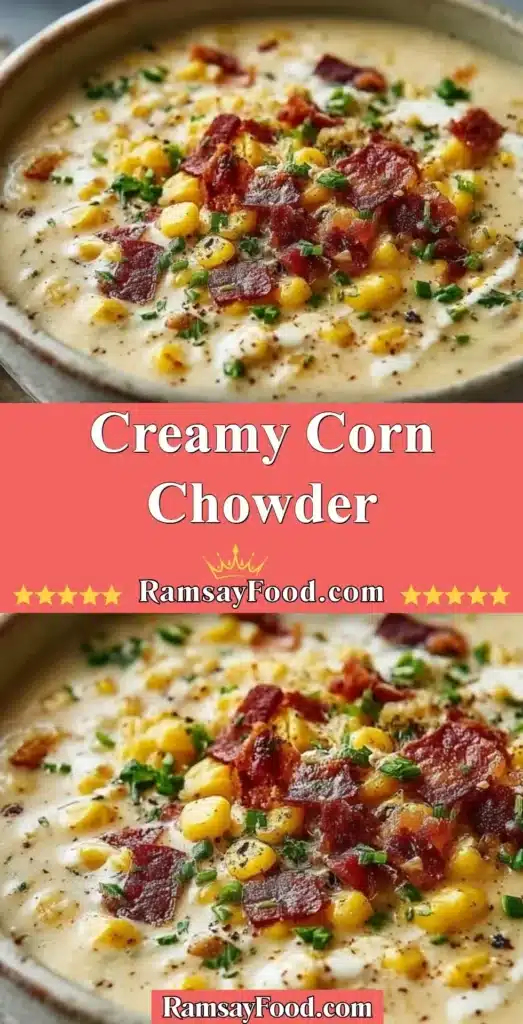 Bowl of delicious creamy corn chowder with fresh herbs and vegetables