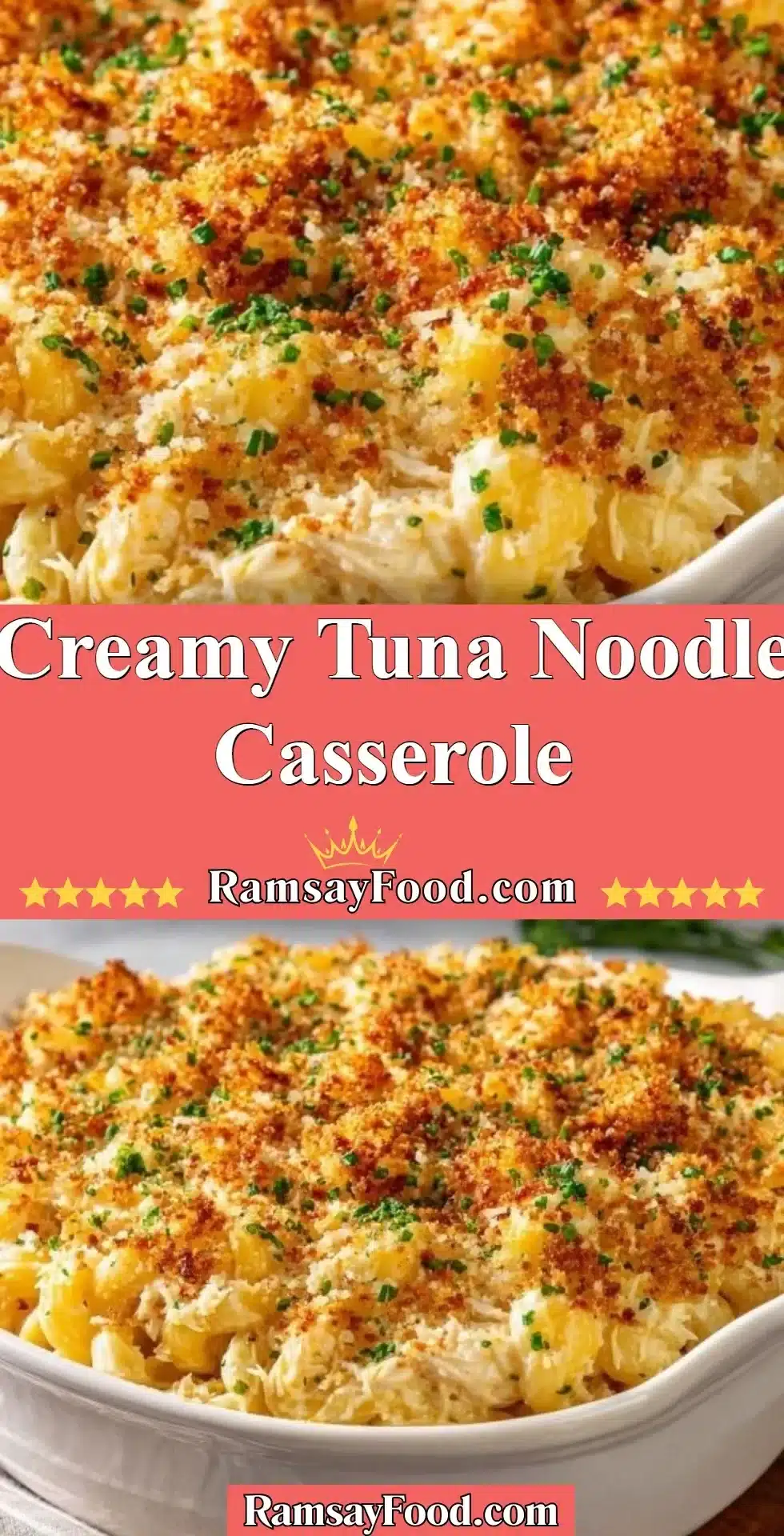 Creamy tuna noodle casserole baked with pasta and a rich sauce