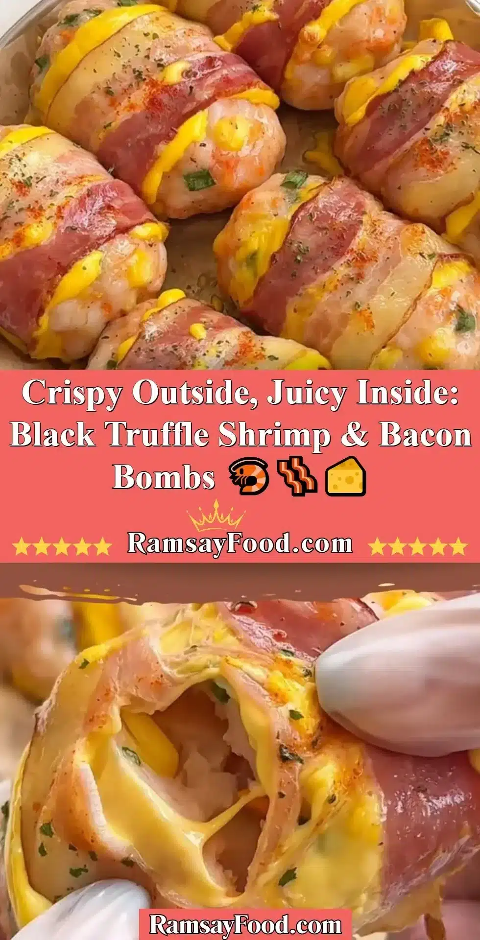 Crispy black truffle shrimp and bacon bombs garnished, showcasing the delicious filling.