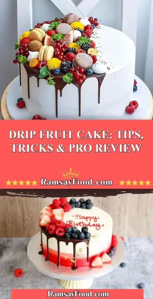 Delicious drip fruit cake topped with vibrant fresh fruits and chocolate drizzle