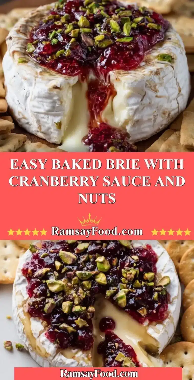 Easy baked brie with cranberry sauce and nuts served on a platter.