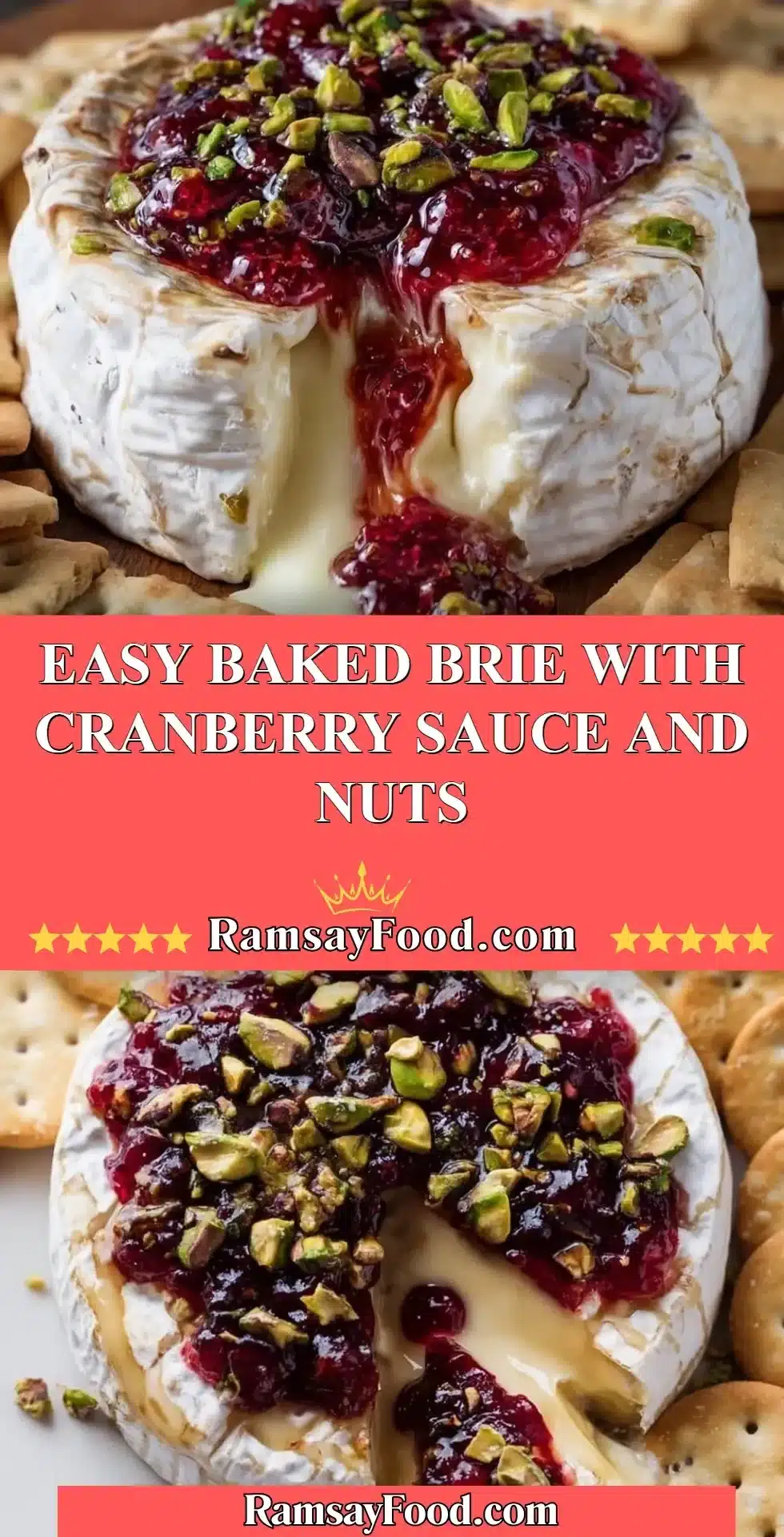 Easy Baked Brie with Cranberry Sauce and Nuts 2 Easy baked brie with cranberry sauce and nuts served on a platter.