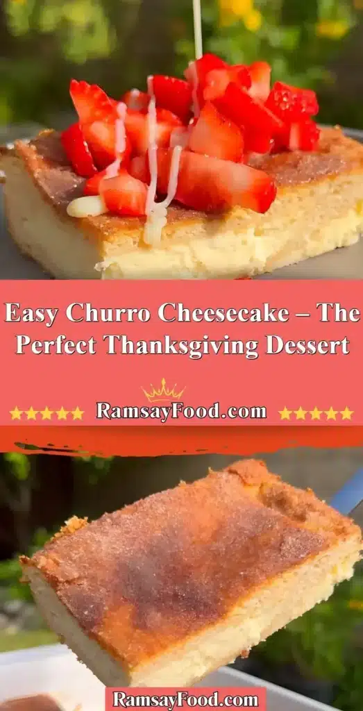 Delicious easy churro cheesecake slice topped with cinnamon sugar