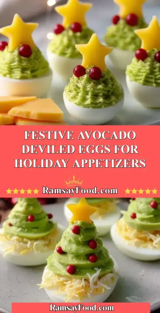 Delicious festive avocado deviled eggs served on a festive platter.