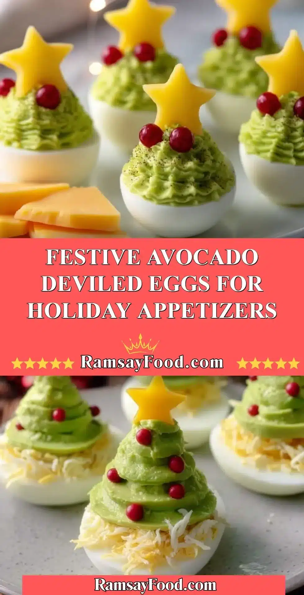 Delicious festive avocado deviled eggs served on a festive platter.