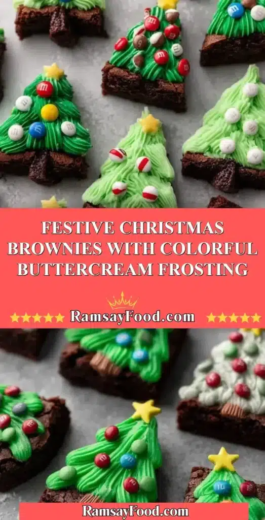 Festive Christmas brownies with colorful buttercream frosting on a holiday table.