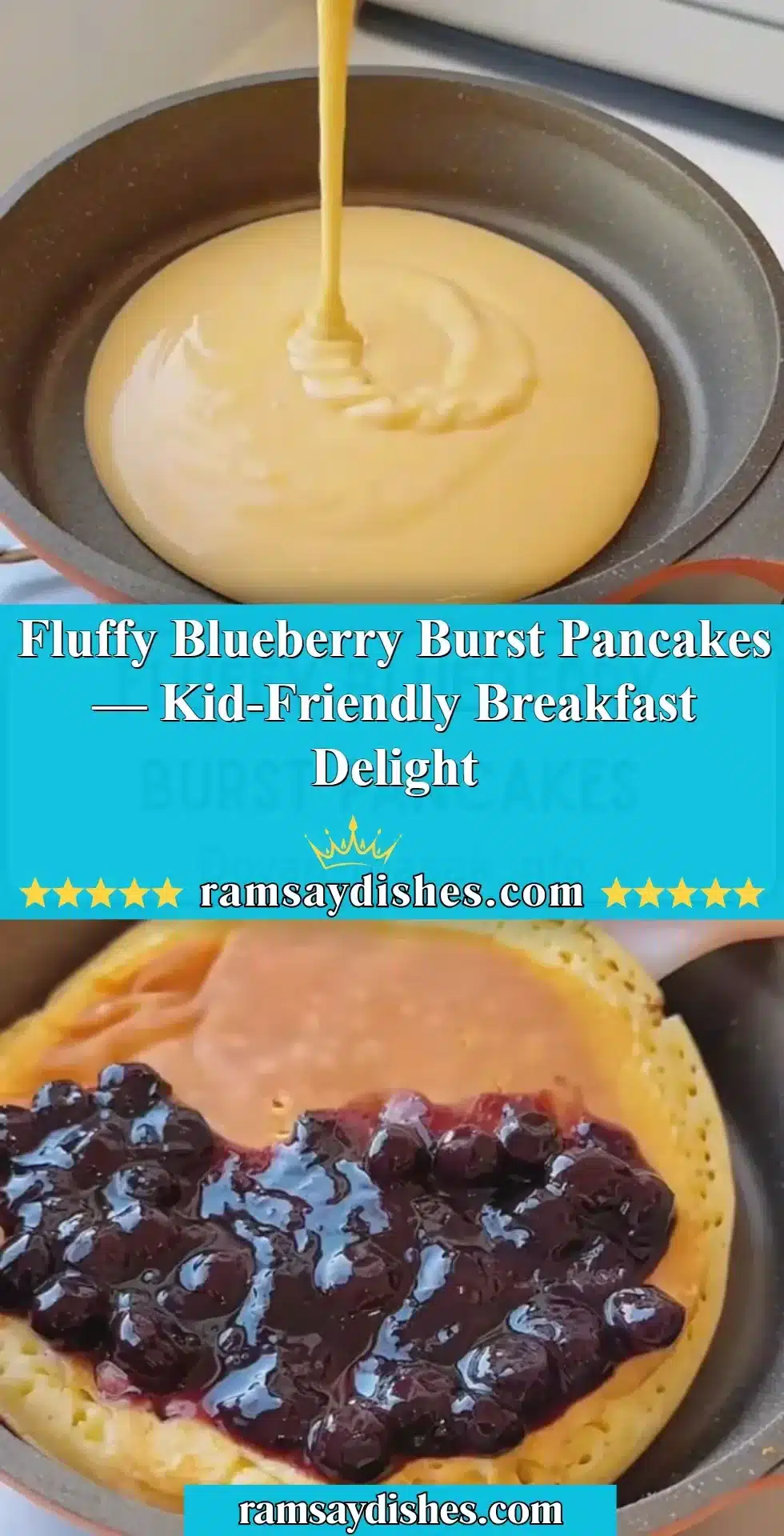 Fluffy blueberry burst pancakes served on a plate with syrup