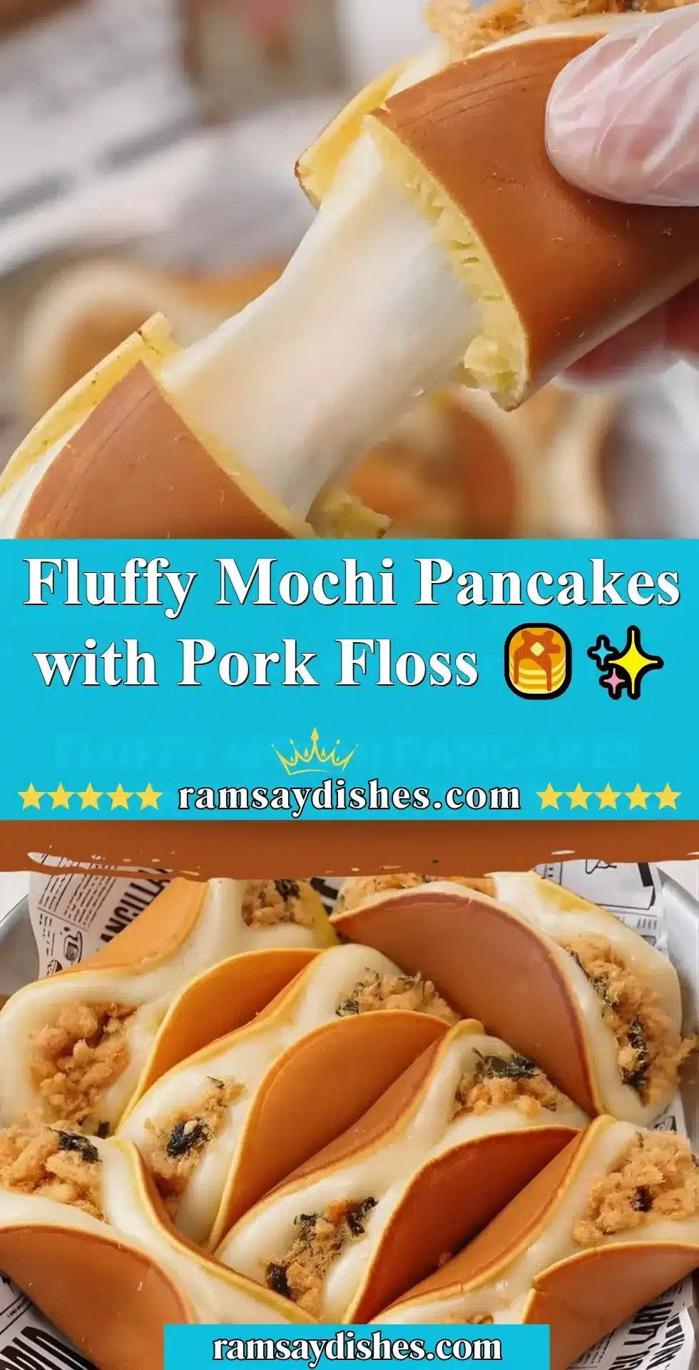 Fluffy Mochi Pancakes with Pork Floss 🥞✨ 2 Fluffy mochi pancakes topped with pork floss served on a plate.