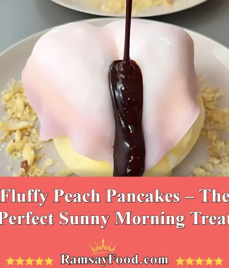 Fluffy Peach Pancakes – The Perfect Sunny Morning Treat 6 Fluffy peach pancakes stacked on a plate with fresh peach slices