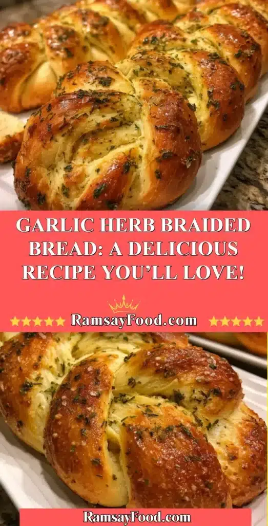 Freshly baked Garlic Herb Braided Bread on a wooden cutting board