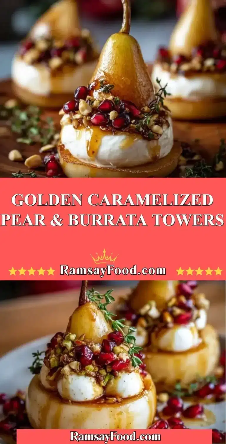 Golden caramelized pear and burrata towers elegantly plated