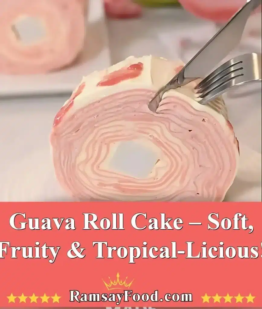 Delicious guava roll cake adorned with fresh guava slices and cream