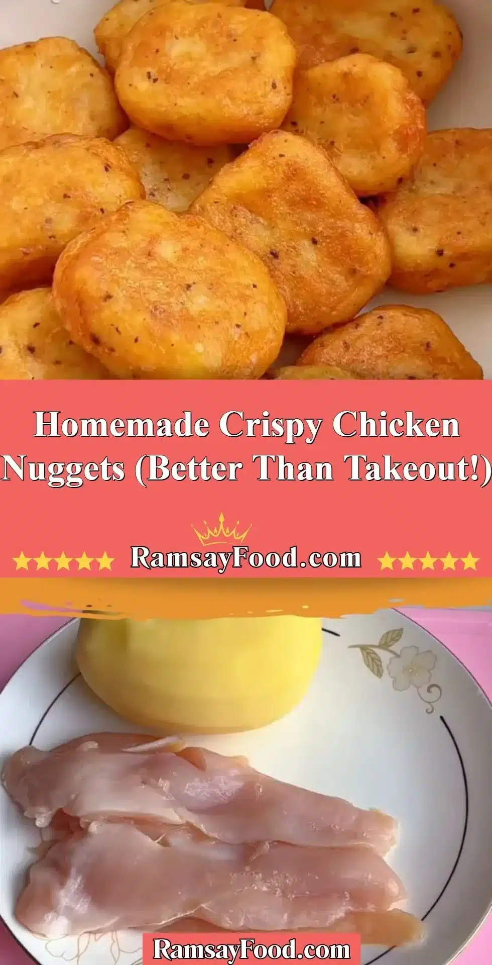 Delicious homemade crispy chicken nuggets served with dipping sauce.