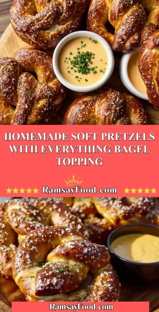 Homemade soft pretzels with everything bagel topping on a wooden board.