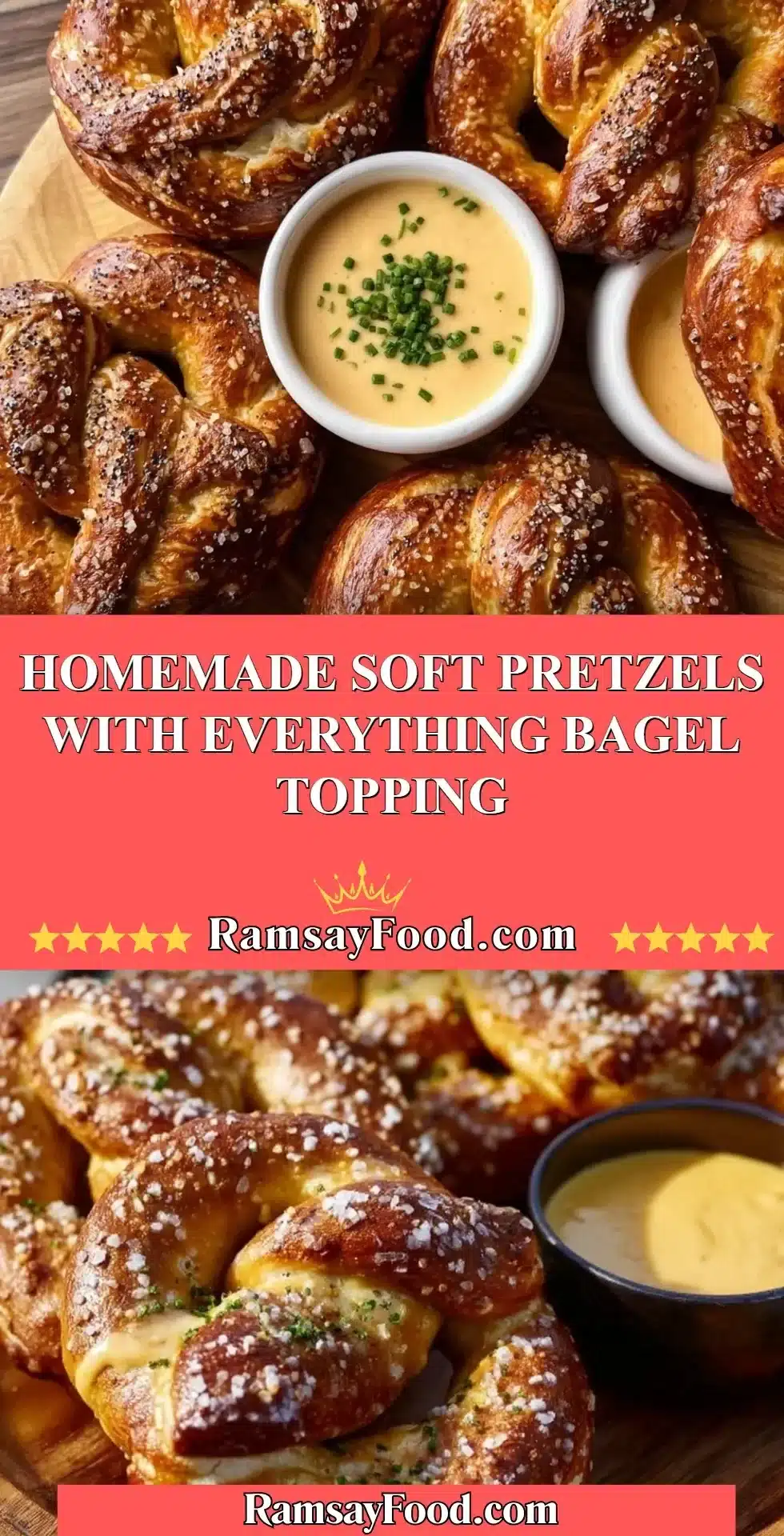 Homemade soft pretzels with everything bagel topping on a wooden board.