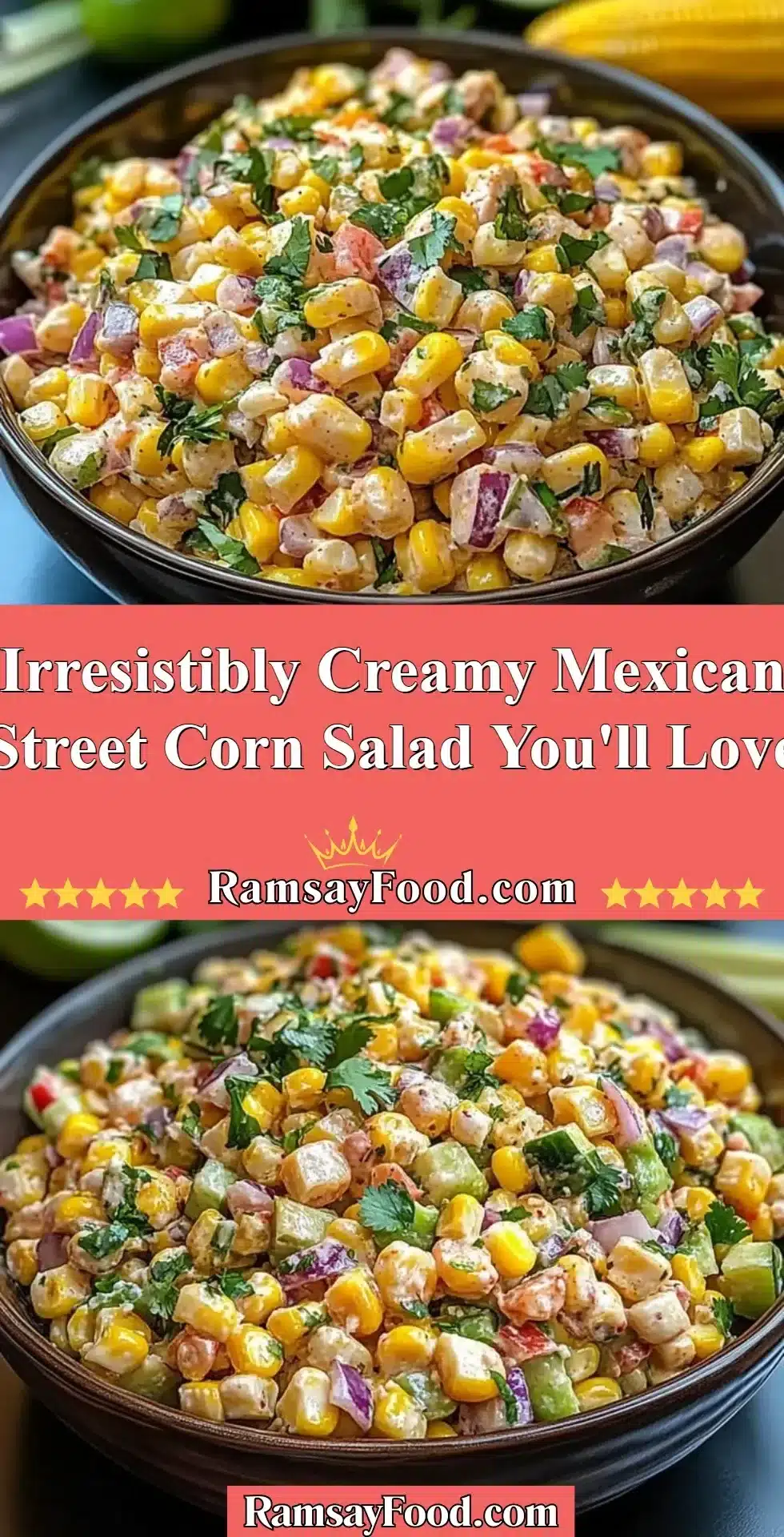 Creamy Mexican street corn salad topped with cheese and spices in a vibrant bowl.