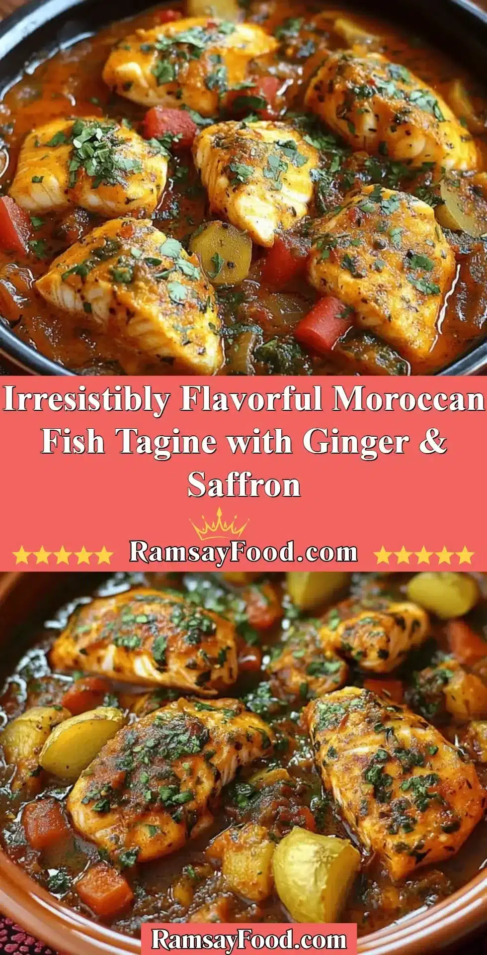Delicious Moroccan Fish Tagine with ginger and saffron served in a traditional tagine pot.