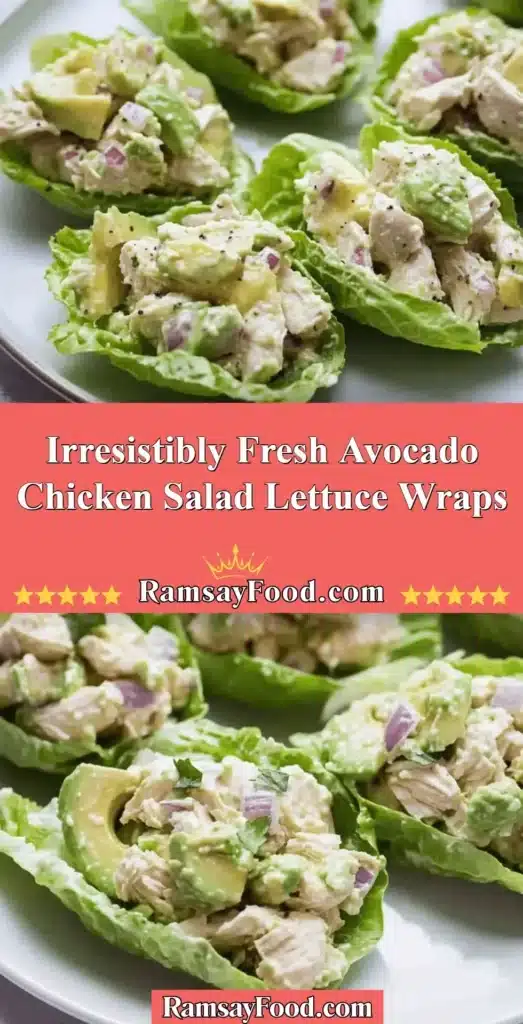 Fresh avocado chicken salad wrapped in crisp lettuce leaves