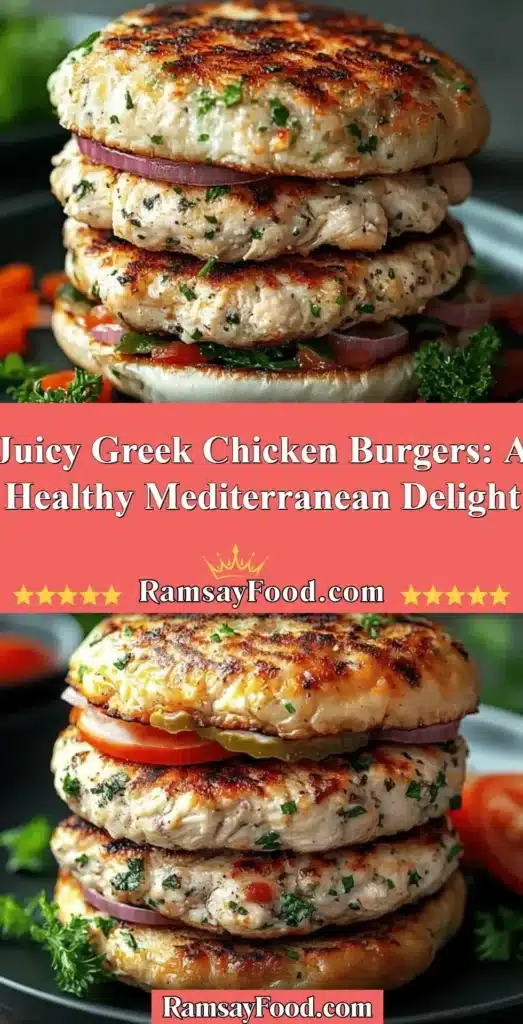 Plate of juicy Greek chicken burgers topped with fresh ingredients