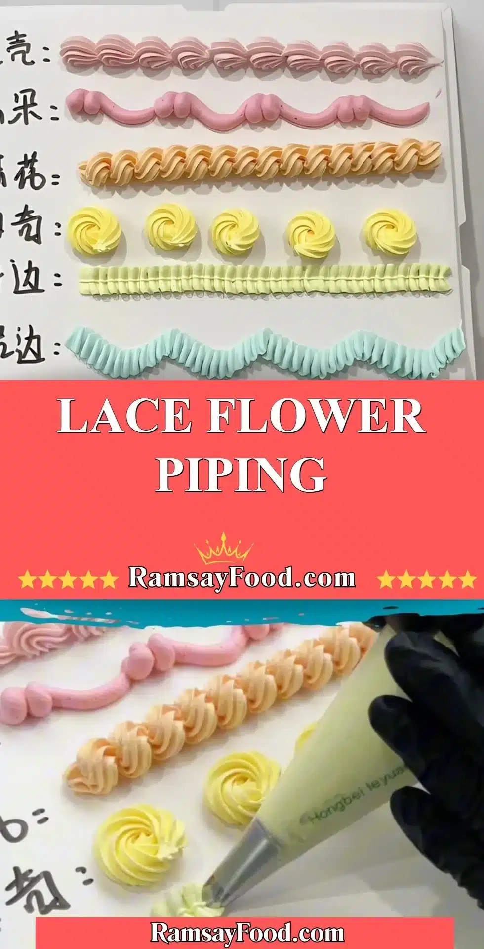 Lace flower piping design in pastel colors for cake decoration