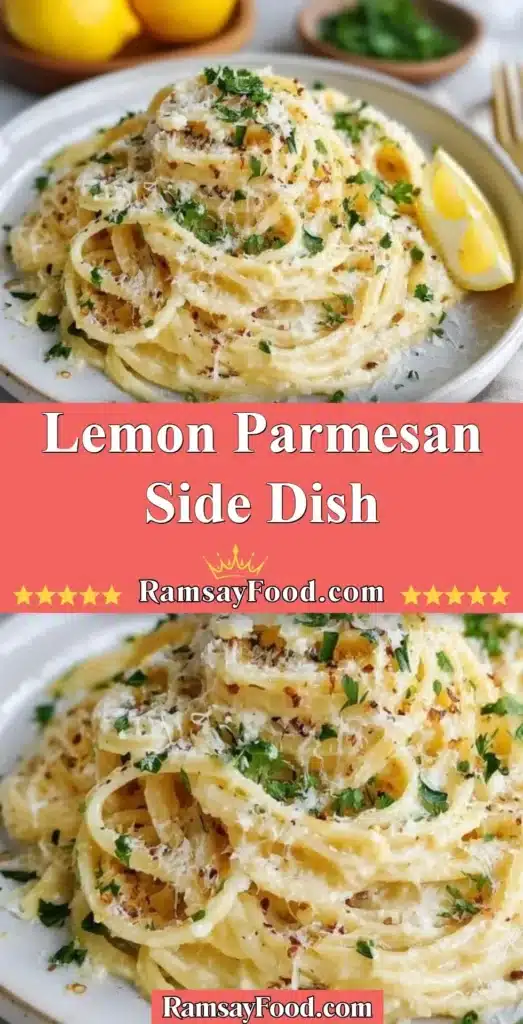 Lemon Parmesan side dish beautifully plated with herbs and a lemon wedge.