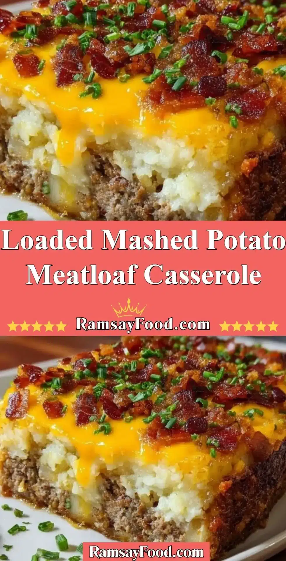 Loaded mashed potato meatloaf casserole topped with cheese and herbs