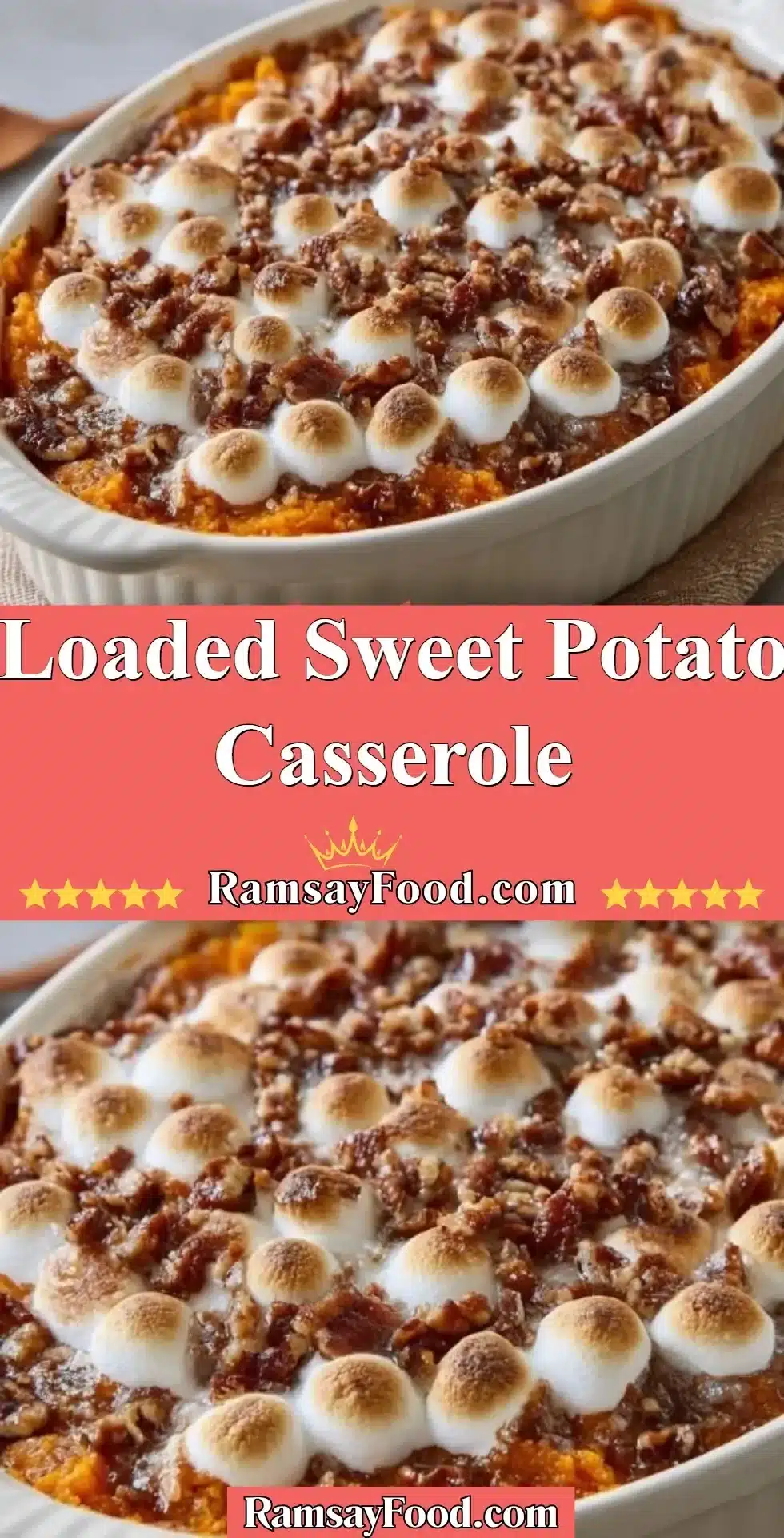 Delicious loaded sweet potato casserole topped with marshmallows and pecans.