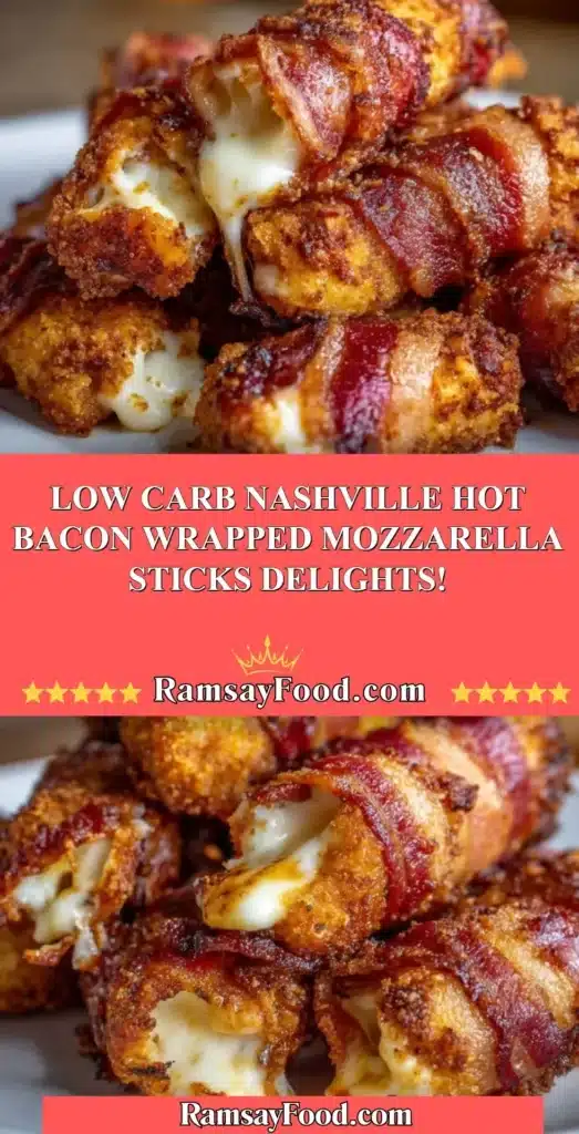 Low carb Nashville hot bacon wrapped mozzarella sticks on a plate