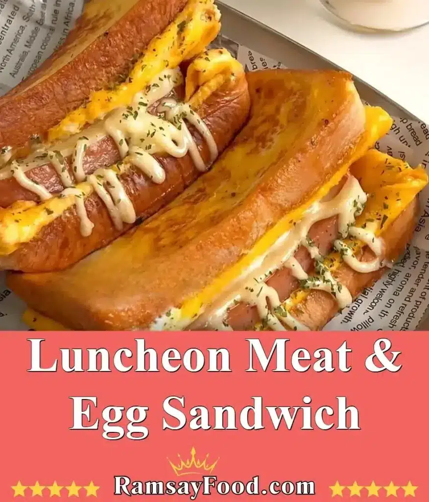 Luncheon meat and egg sandwich on a wooden plate.