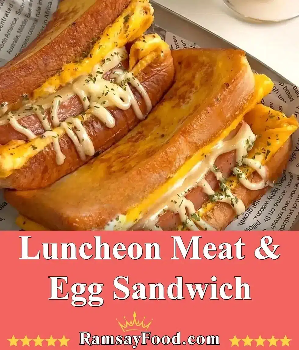 Luncheon meat and egg sandwich on a wooden plate.