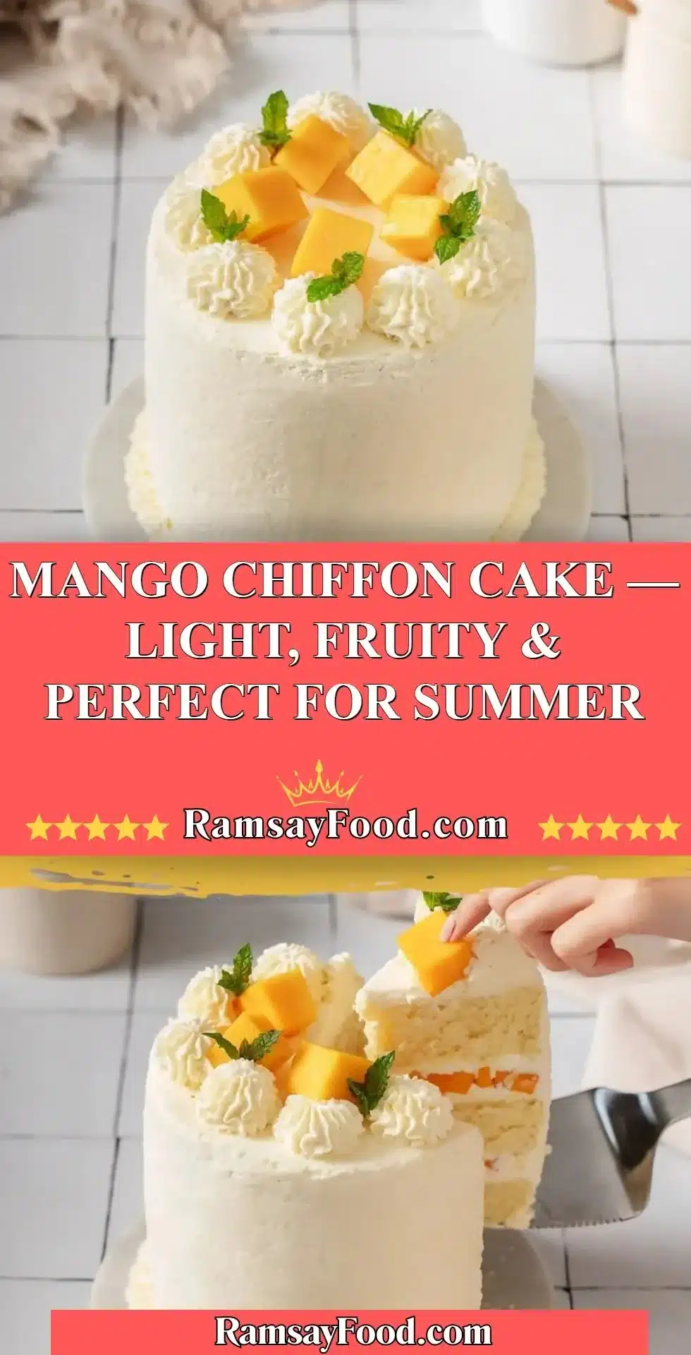 Mango Chiffon Cake — Light, Fruity & Perfect for Summer 2 Light and fruity Mango Chiffon Cake on a summer table