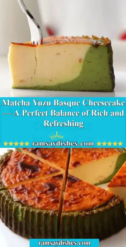 Slice of Matcha Yuzu Basque Cheesecake with a bright green color and citrus zest decoration