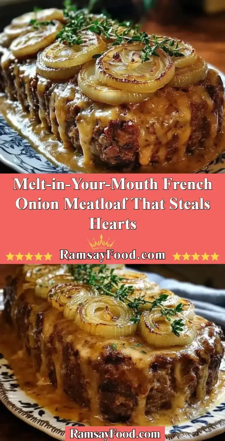 Delicious French Onion Meatloaf served with caramelized onions on top