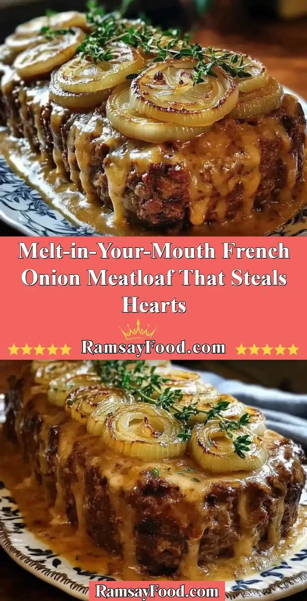 Delicious French Onion Meatloaf served with caramelized onions on top