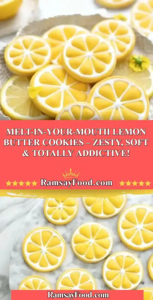 Melt-in-your-mouth lemon butter cookies on a plate with a zesty glaze.