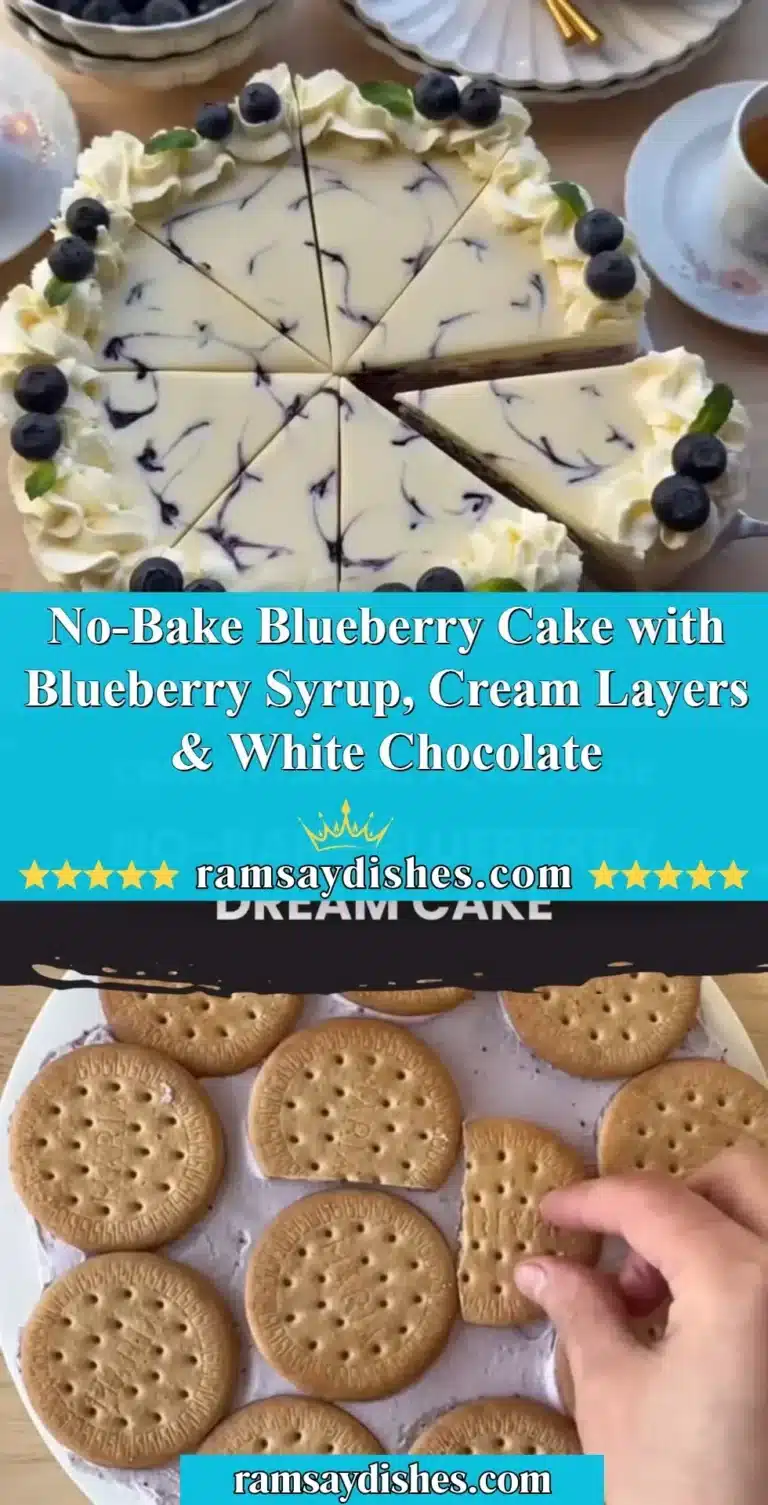 No-Bake Blueberry Cake with Blueberry Syrup, Cream Layers & White Chocolate 7 No-bake blueberry cake with cream layers, blueberry syrup, and white chocolate decoration