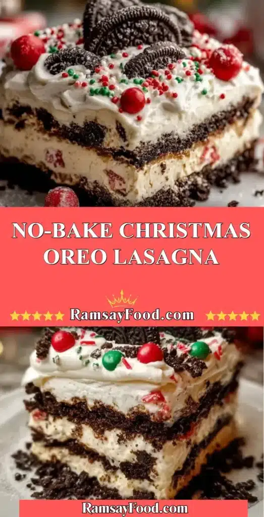 No-Bake Christmas Oreo Lasagna dessert with layers of Oreos and cream.