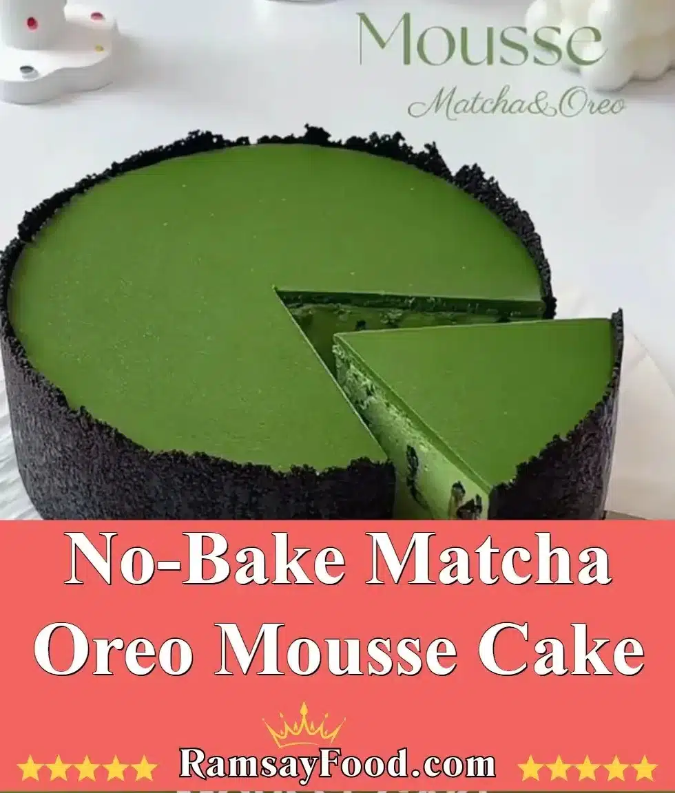 No-bake matcha mousse cake with Oreo crust, a delicious dessert.