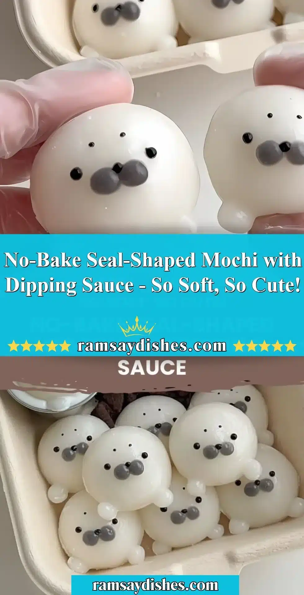Delicious no-bake seal-shaped mochi served with dipping sauce