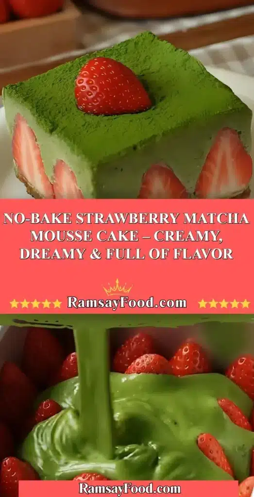 No-Bake Strawberry Matcha Mousse Cake topped with fresh strawberries
