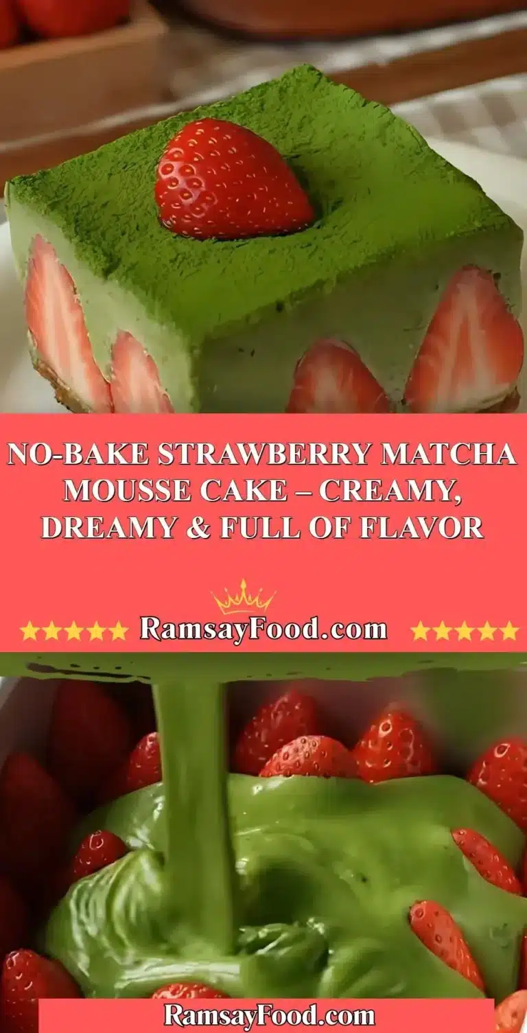 No-Bake Strawberry Matcha Mousse Cake – Creamy, Dreamy & Full of Flavor 7 No-Bake Strawberry Matcha Mousse Cake topped with fresh strawberries
