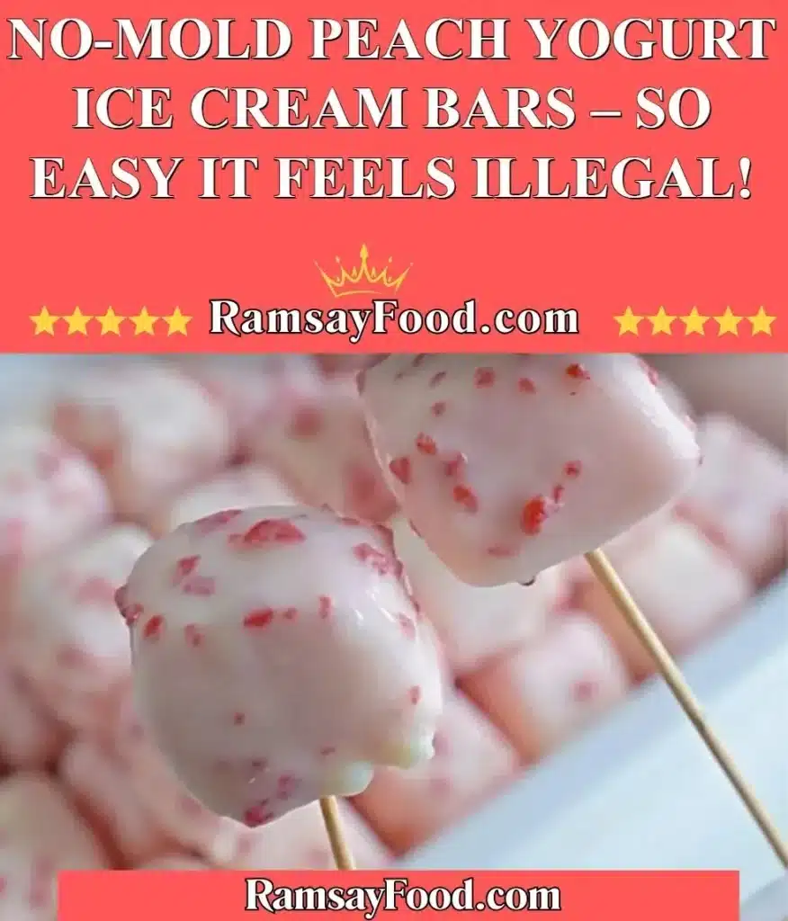 Delicious no-mold peach yogurt ice cream bars on a wooden plate.