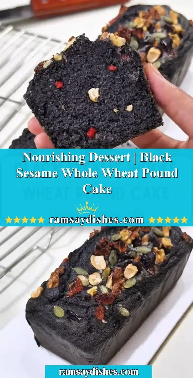 Nourishing Dessert | Black Sesame Whole Wheat Pound Cake 4 Sliced black sesame whole wheat pound cake on a rustic wooden table.
